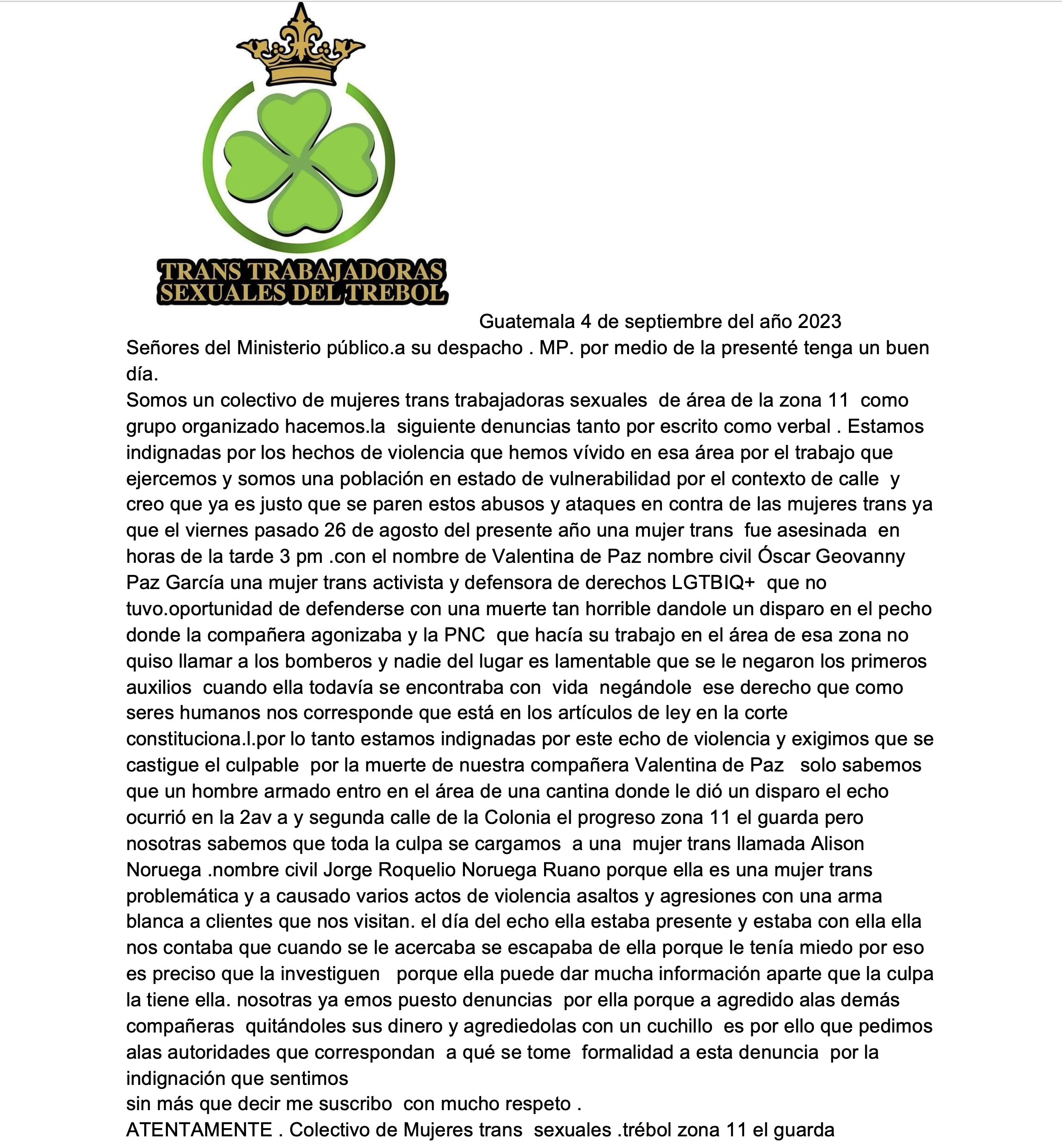  Documento cortesía: Colectivo de mujeres trabajadoras sexuales del Trébol. 